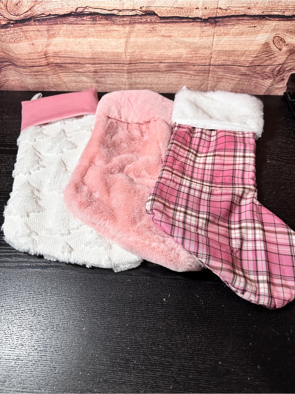Furry, Fuzzy Pink And Grey Soft Plush Large Mantle Plaid Stockings